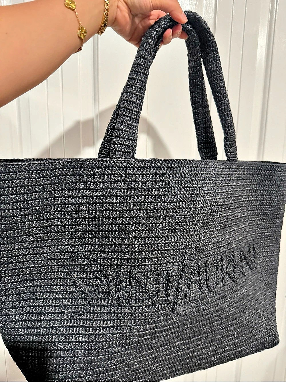 NEW - Saint Laurent Raffia Crochet East-West Shopping Tote Black Tote